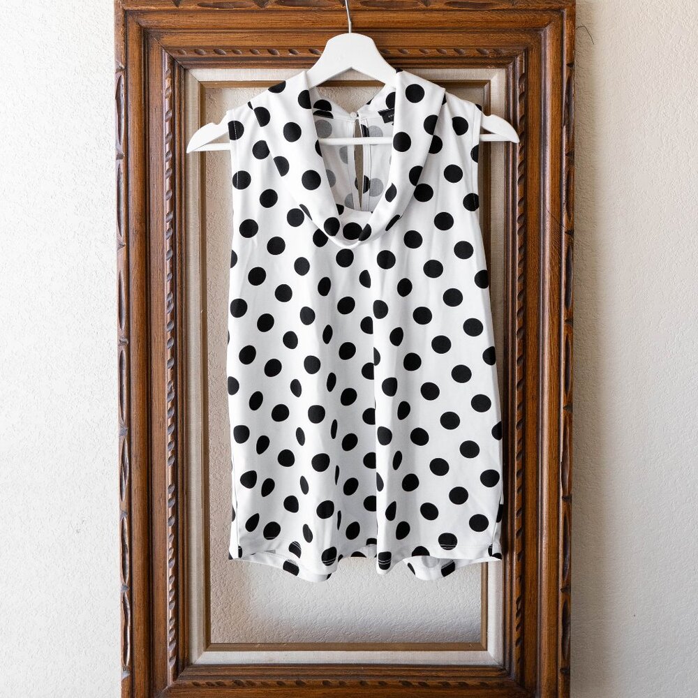 Ann TaylorSize Medium Black White Polka Dot Cowl Collar Blouse Sleeveless Top